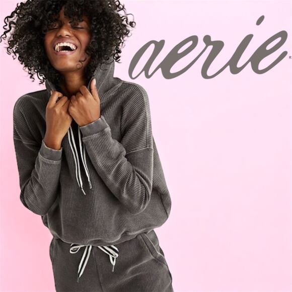 Aerie Tops - Aerie Women's Ribbed Pullover Hoodie Grey Size M Medium‎ Cropped Long Sleeve